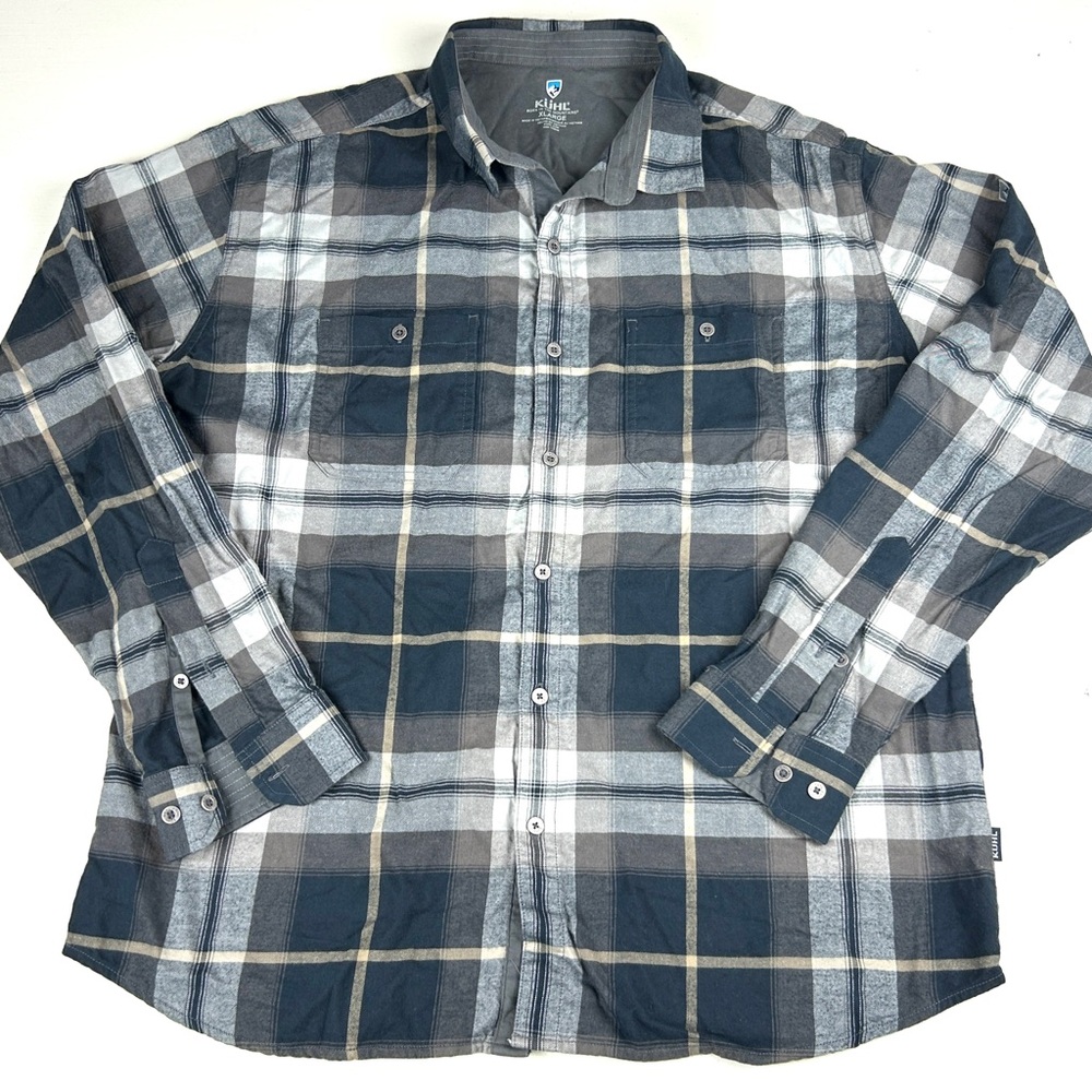 Kuhl Mens Button Up Flannel Shirt Sz XL Hiking Outdoors Gray Plaid